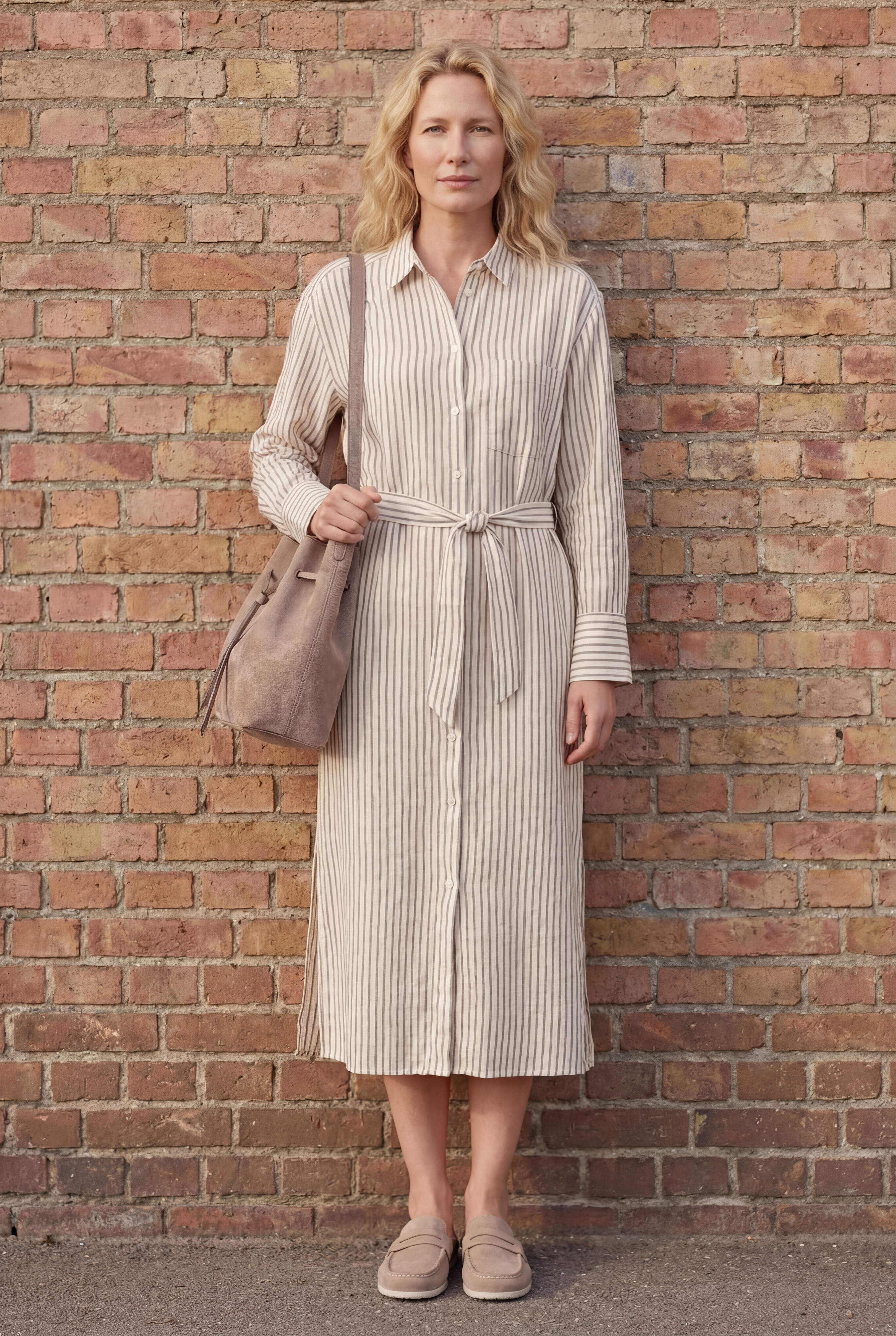 Marc O’Polo Damen Leinenkleid Detailansicht gestreift – leichte Sommermode in Naturtönen