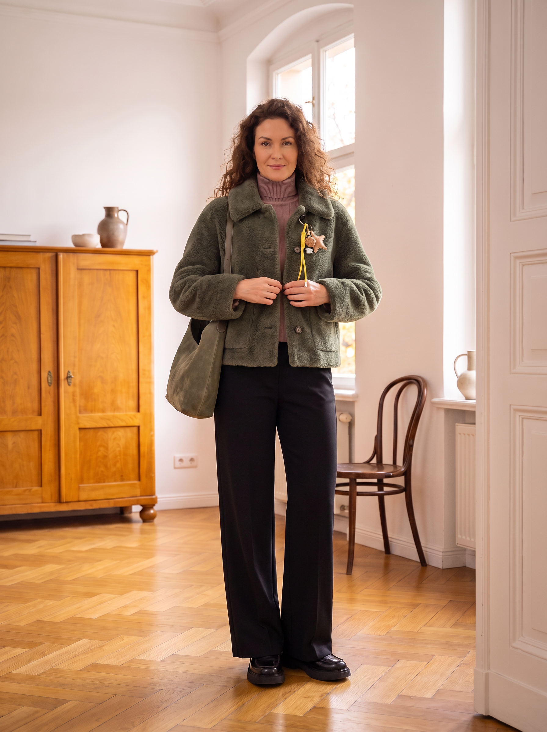 Model in Herbstoutfit mit Oakwood Kuscheljacke
