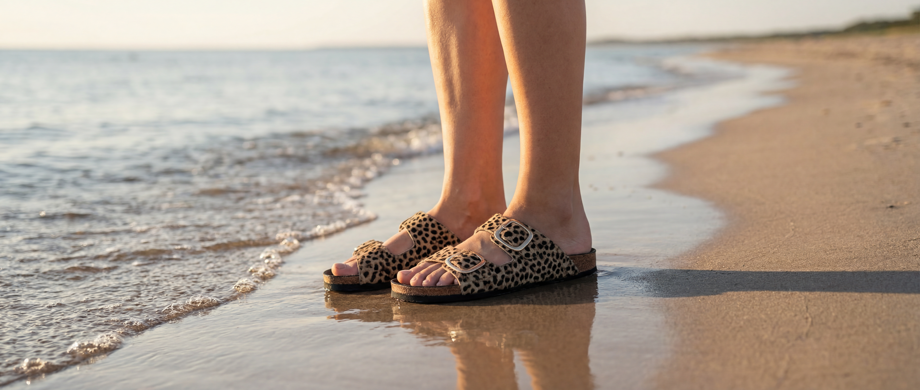 Scholl Pantolette mit Leo-Muster am Strand