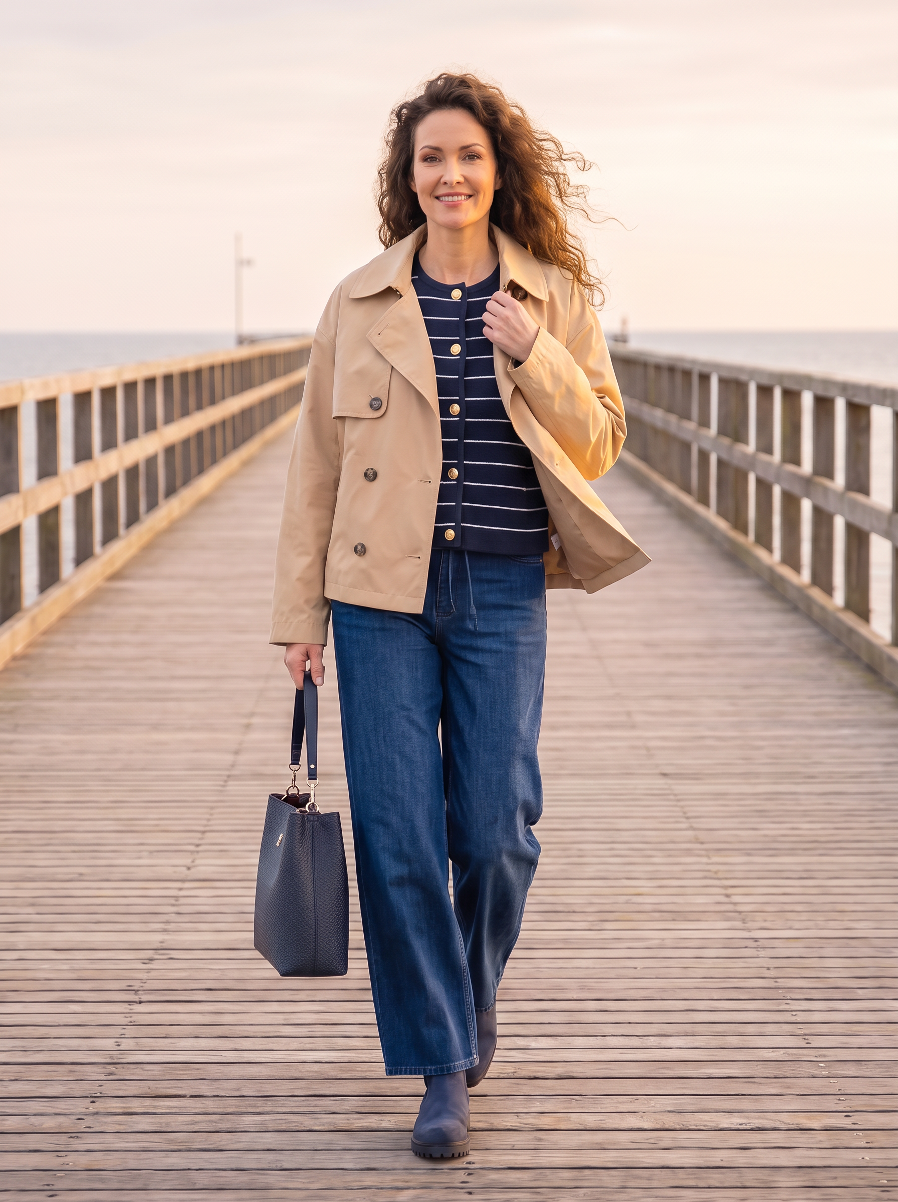 Model in Tommy Jeans Trenchjacke auf Seebrücke