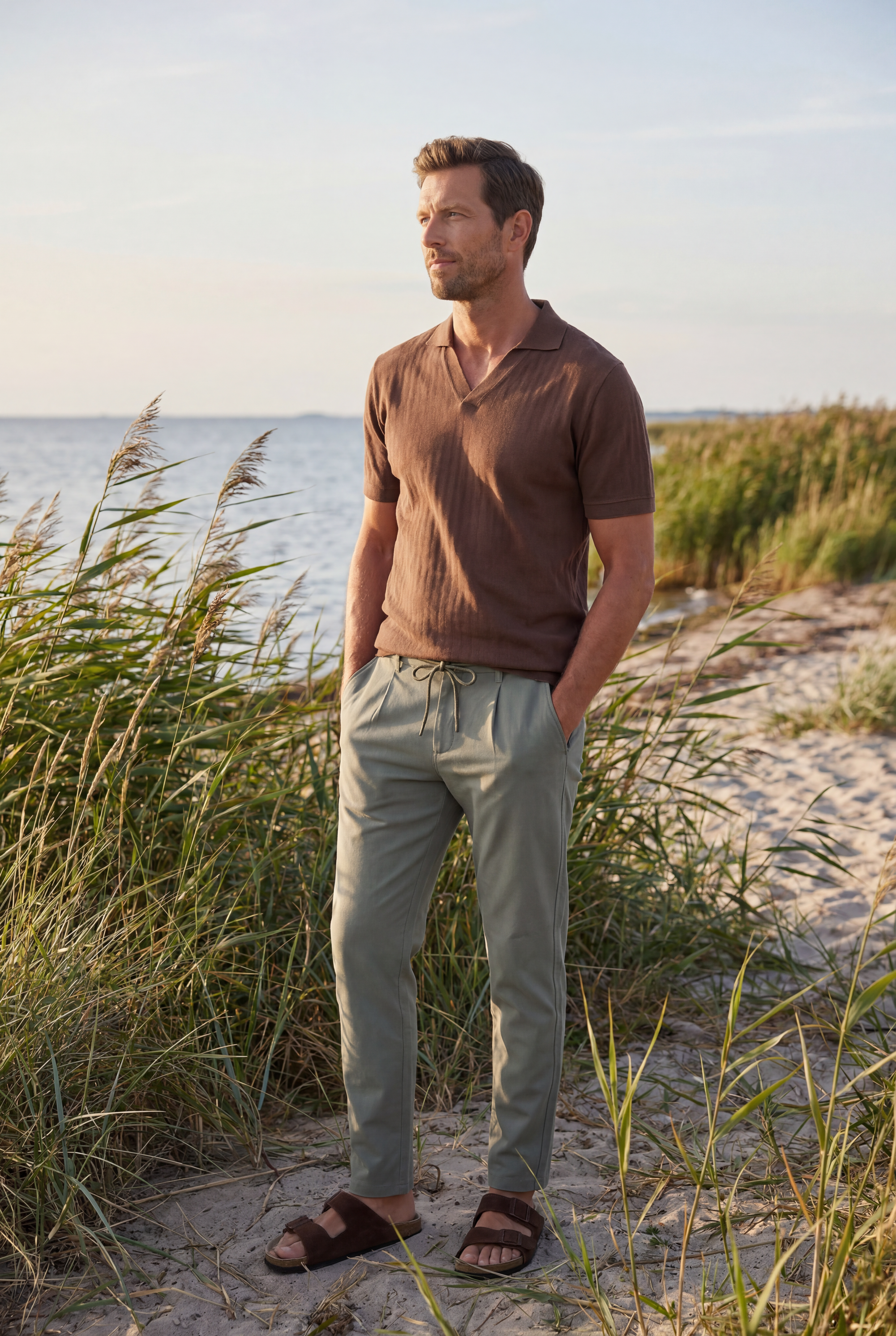 Männliches Model am Schilfufer der Ostsee in braunem Selected Strick-Polo und grüner New Zealand Auckland Hose mit Suede-Latschen beim Sundowner – Pier 14