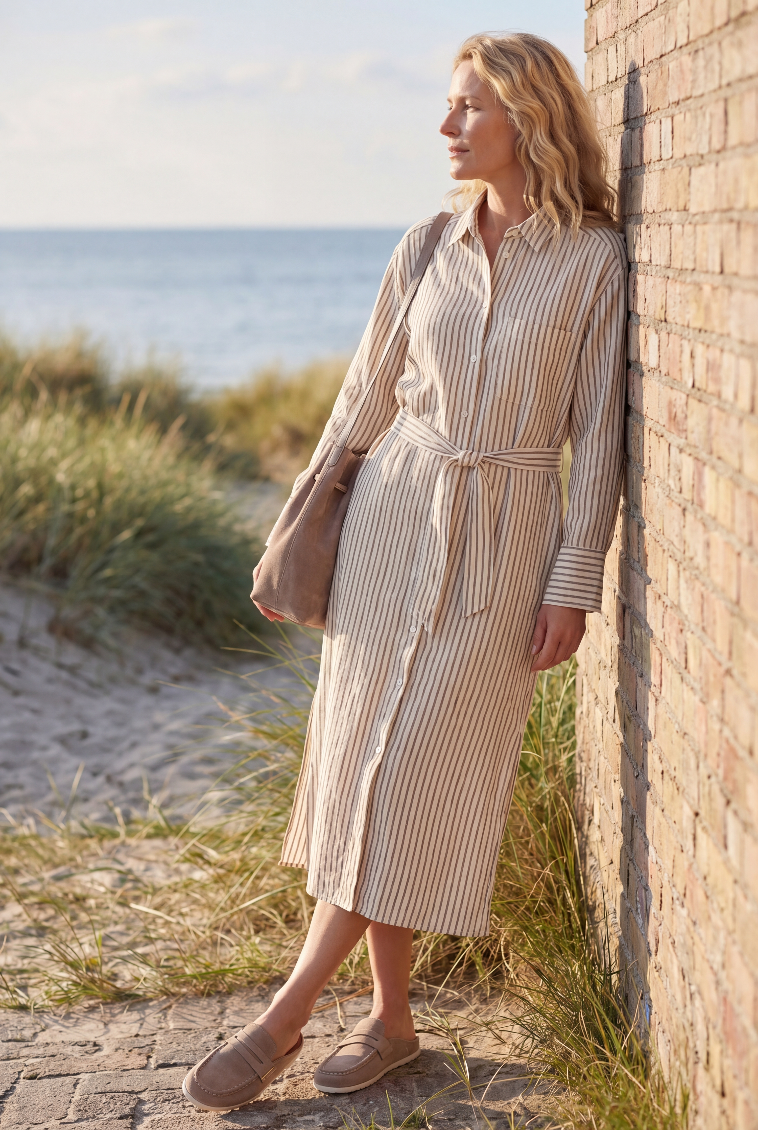 Marc O’Polo Damen Hemdblusenkleid gestreift aus Leinen – maritimer Sommerlook am Strand von Pier 14