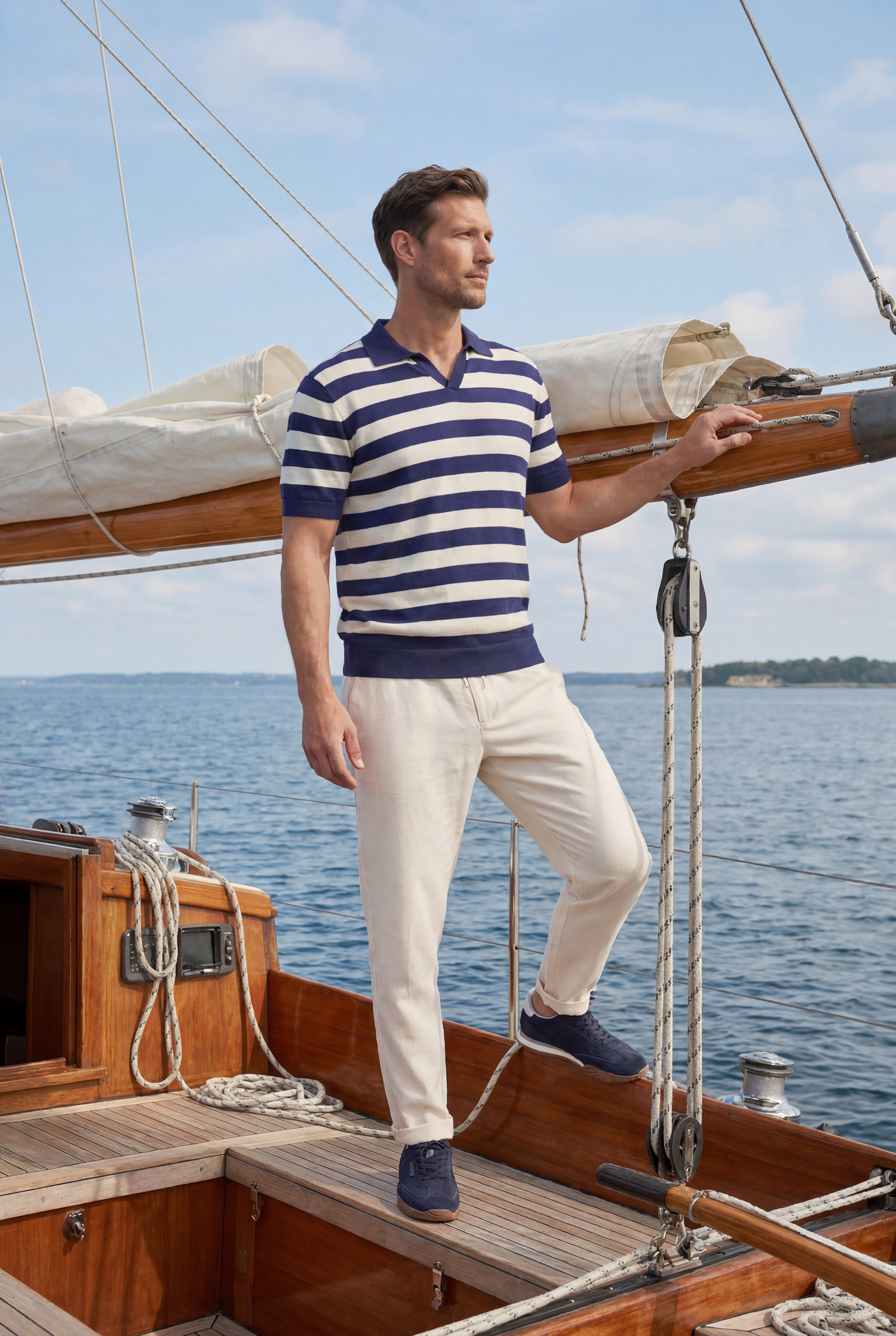 Maritimes Herren Outfit mit gestreiftem Selected Strick-Polo und weißer Hose auf einem Segelboot