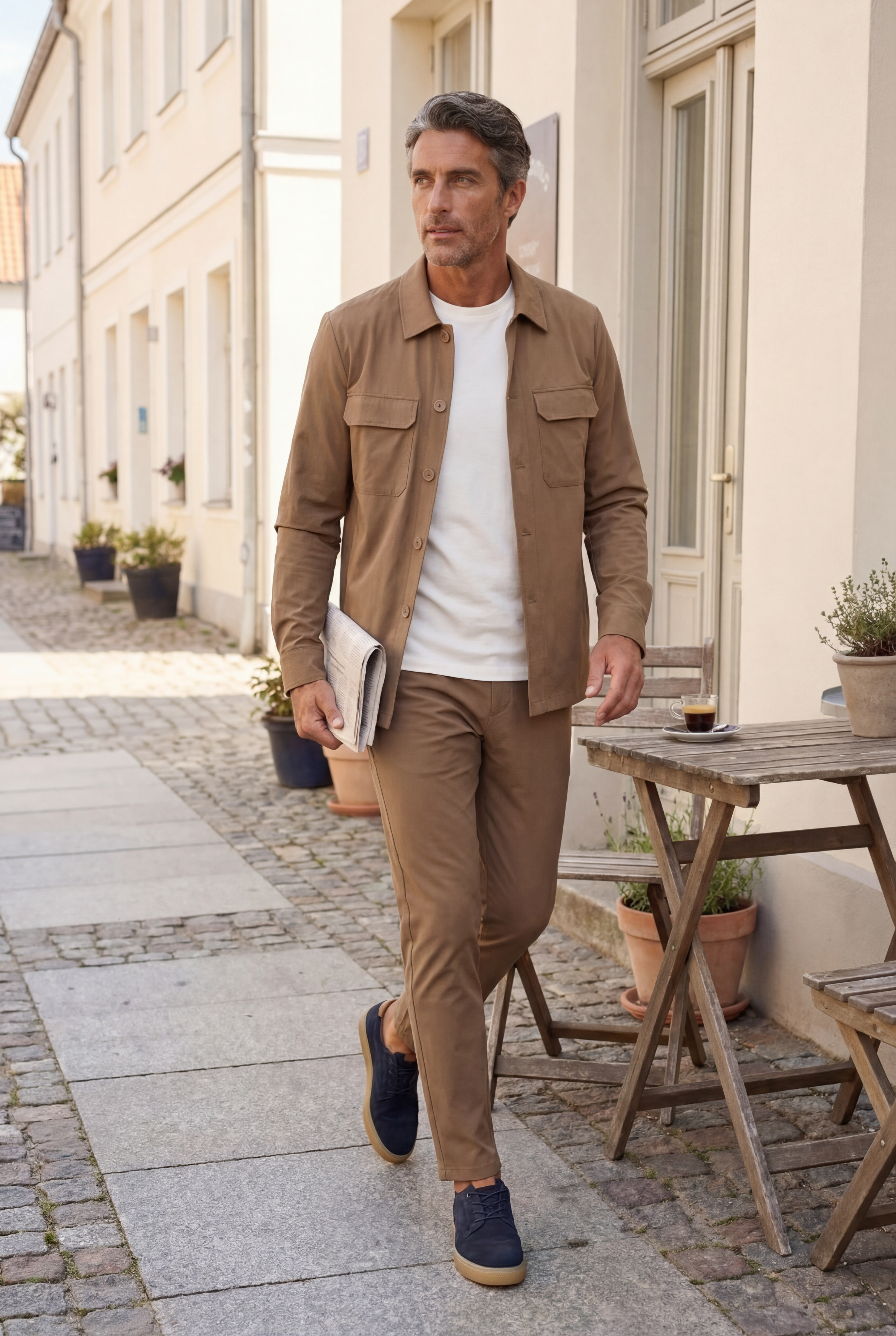 Herr in braunem AT.P.Co Set spaziert