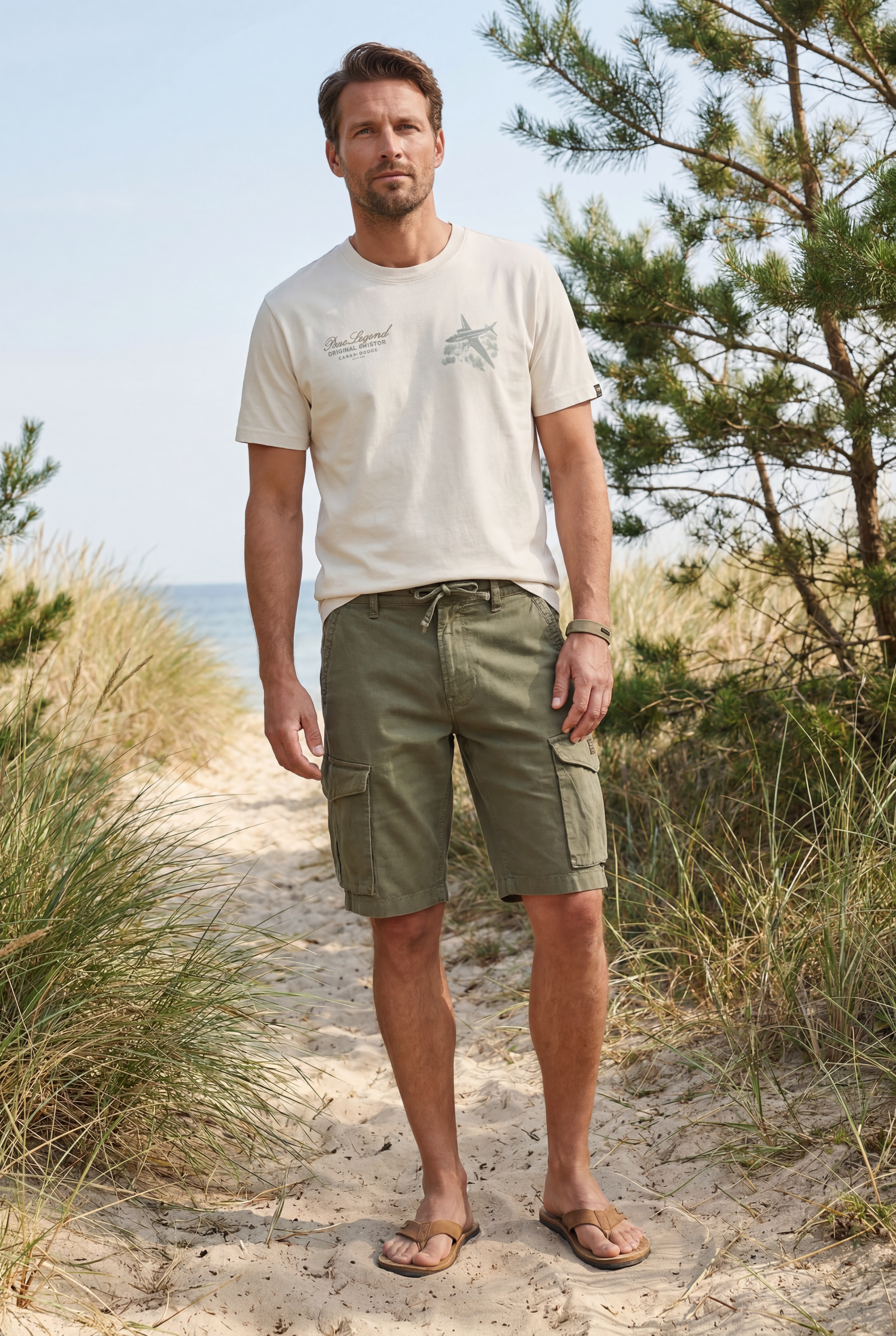 Mann am Strand mit Cargo Shorts in grün von PME Legend