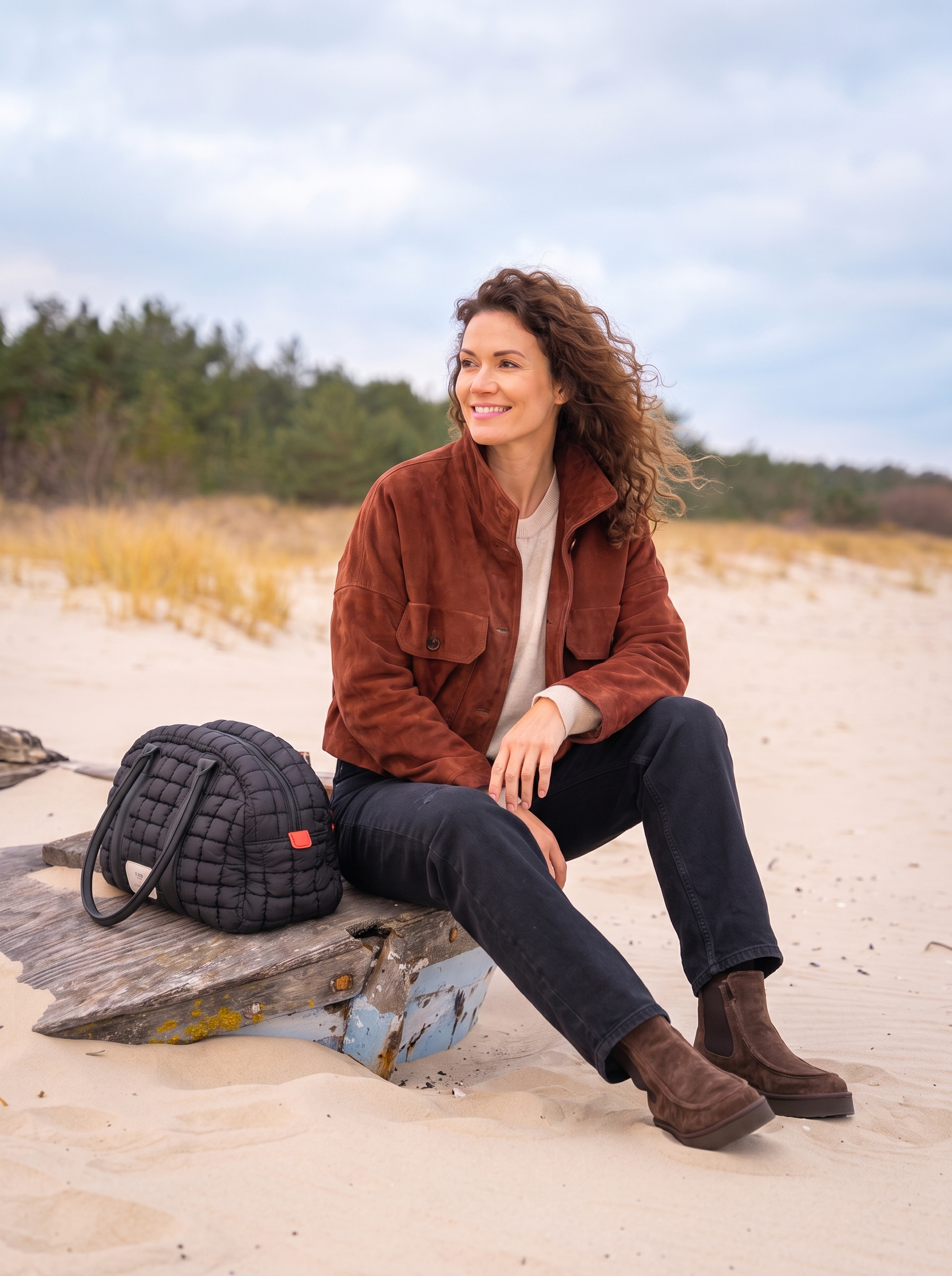 Model in Drykorn mahagoni Jacke am Strand