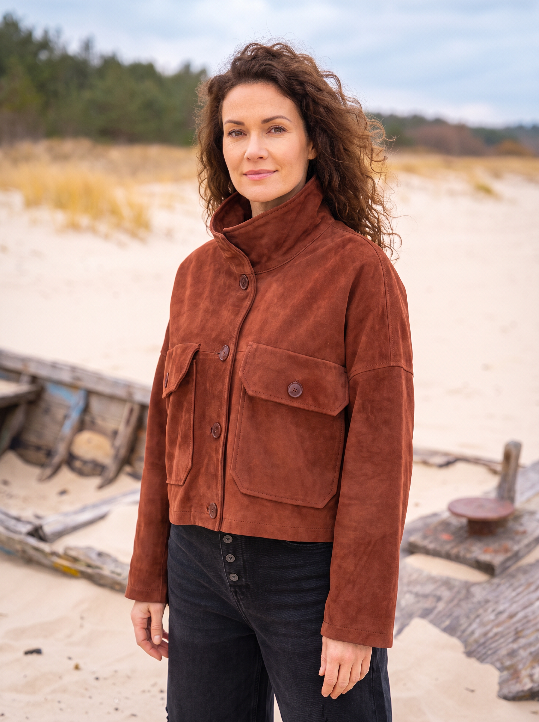 Model in Drykorn mahagoni Jacke am Strand