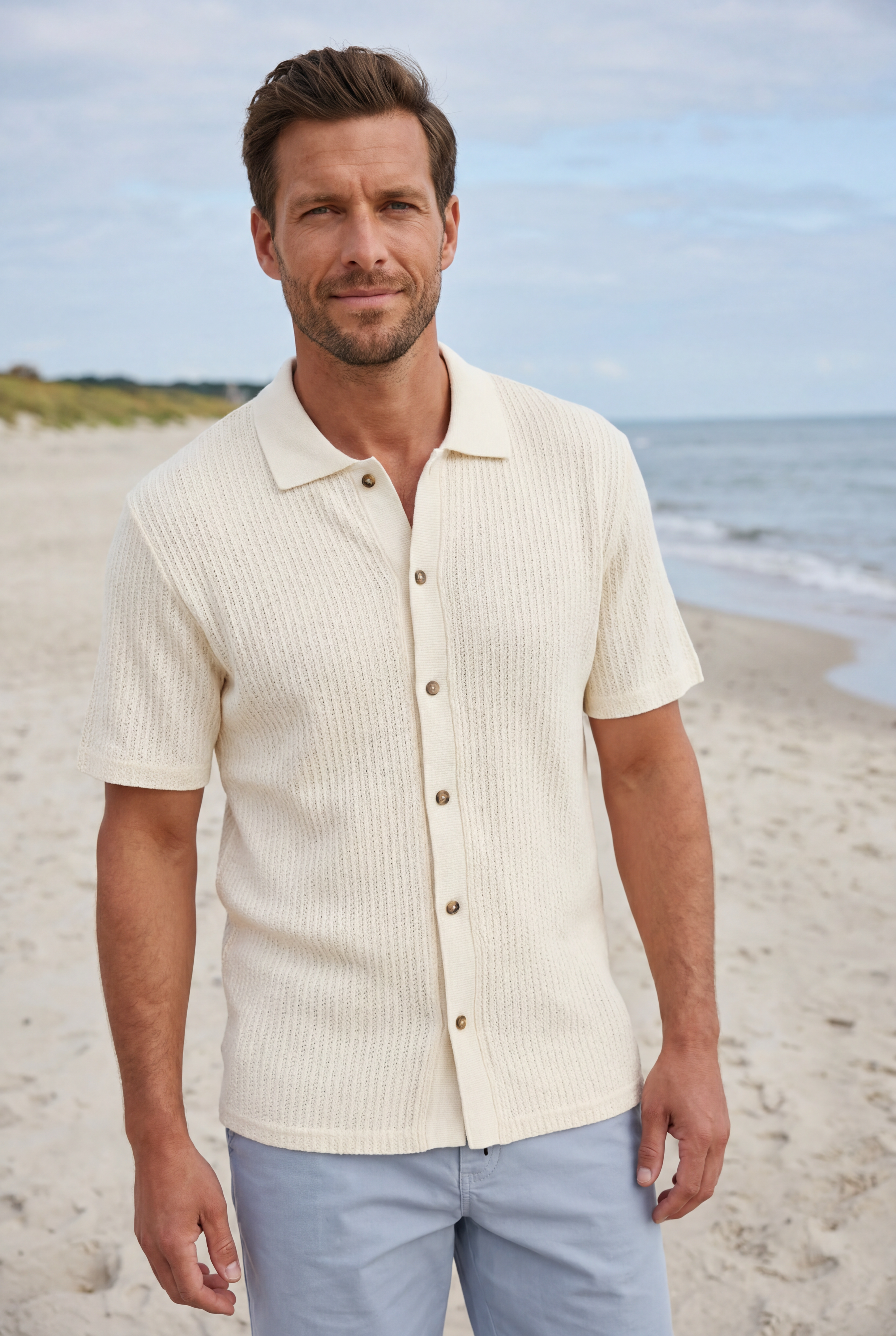 Mann trägt ecru Pointelle Strick-Polo von Les Deux und blaue Shorts am Strand - Pier 14