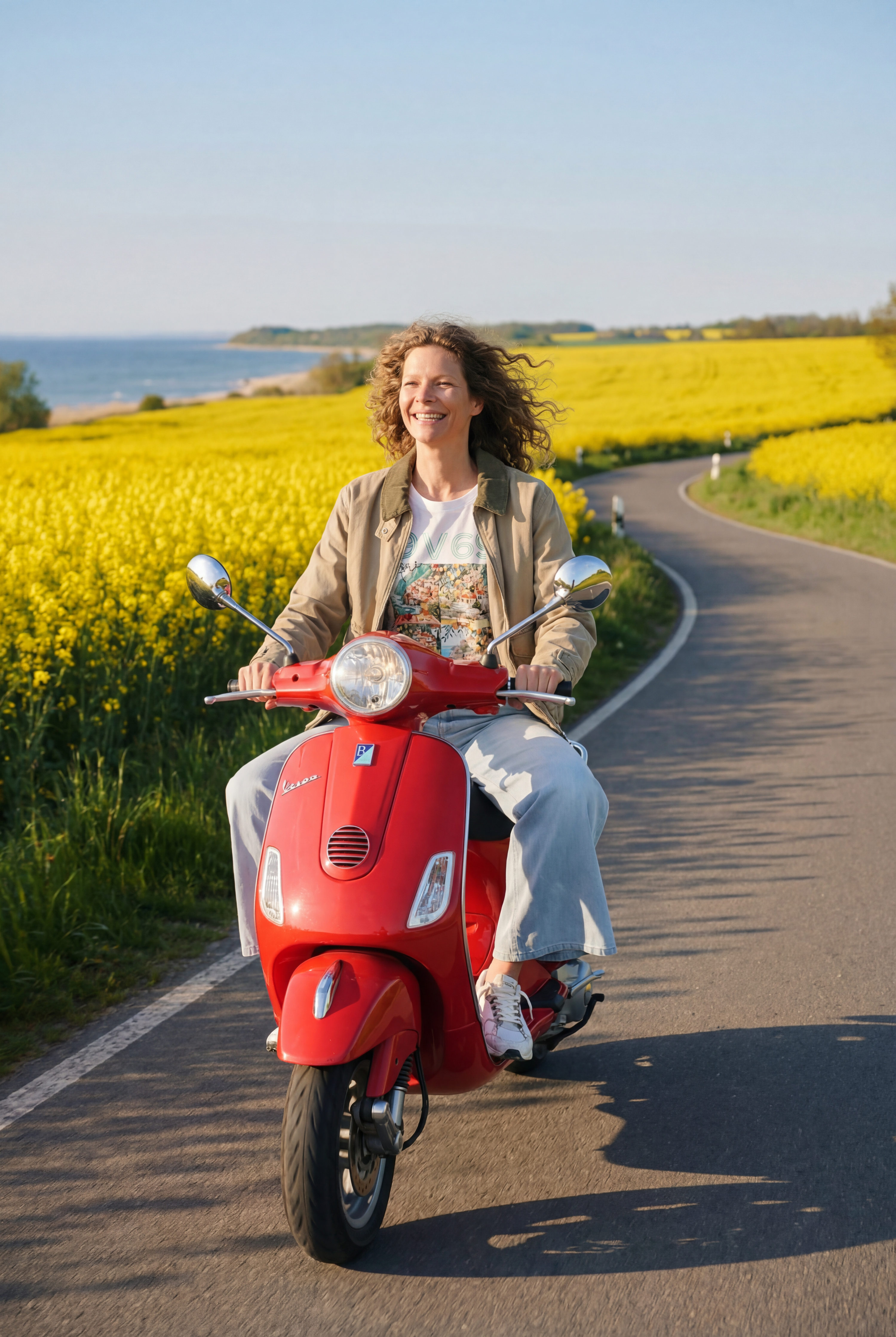 Frau auf roter Vespa im Rapsfeld mit 19V69 Italia Bären-Shirt — Pier 14