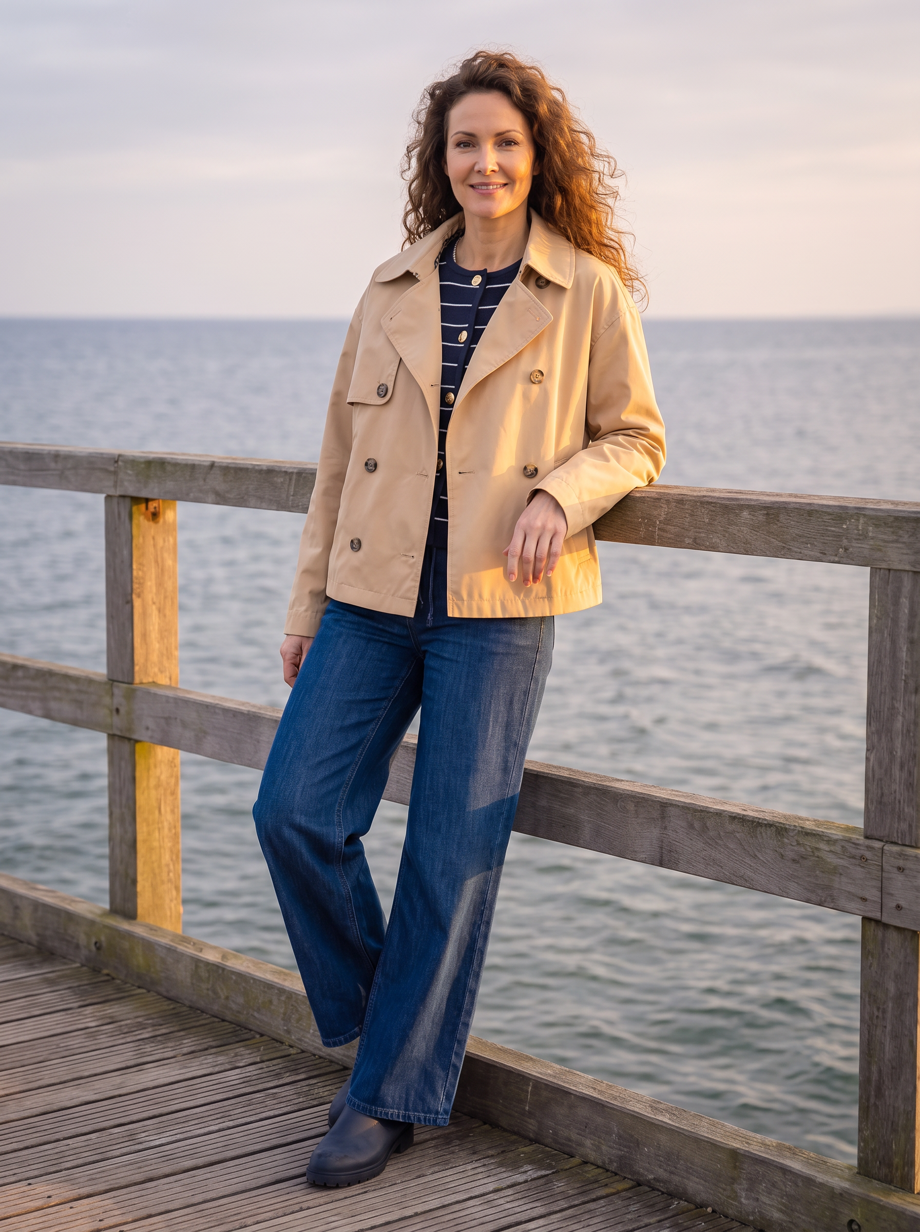 Model in Tommy Jeans Trenchjacke auf Seebrücke