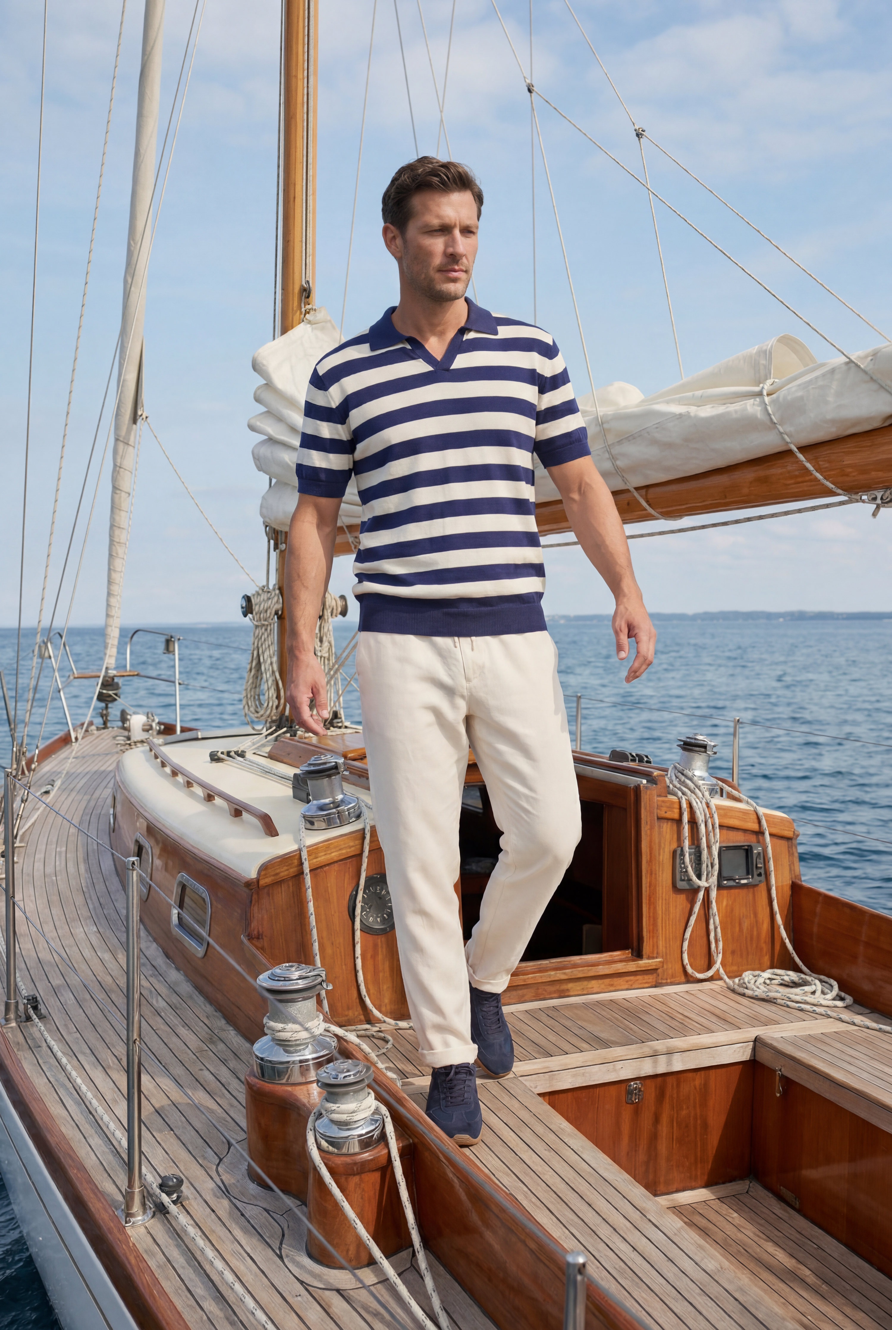 Maritimes Herren Outfit mit gestreiftem Selected Strick-Polo und weißer Hose auf einem Segelboot