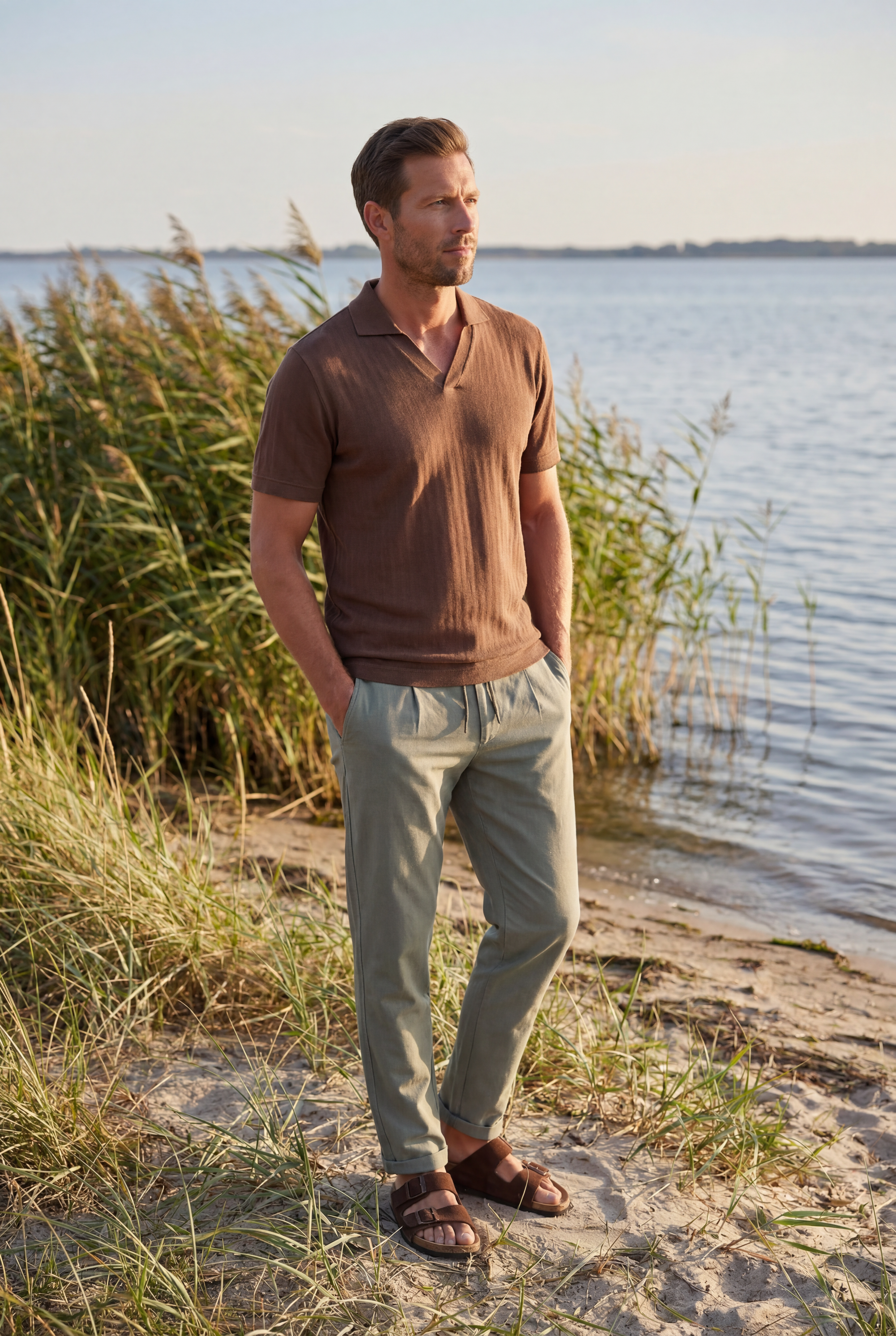 Männliches Model am Schilfufer der Ostsee in braunem Selected Strick-Polo und grüner New Zealand Auckland Hose mit Suede-Latschen beim Sundowner – Pier 14