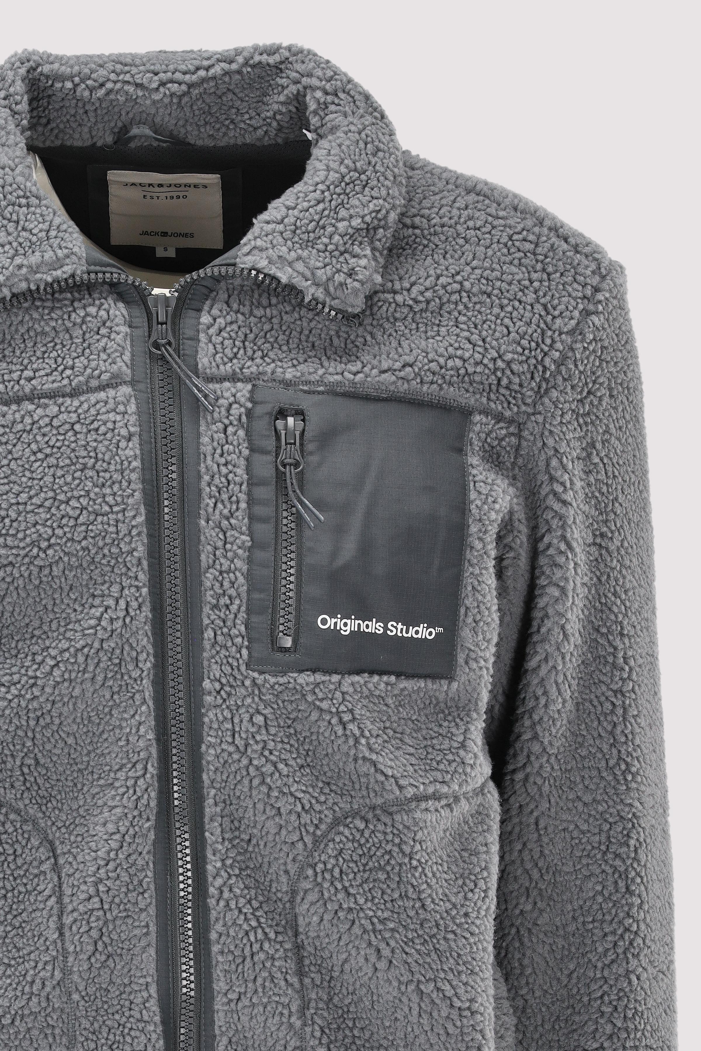 JACK & JONES Esterbro Teddy Herren-Sherpa-Jacke – Grau, Stehkragen, Reißverschluss, Aus 100 % Polyester
