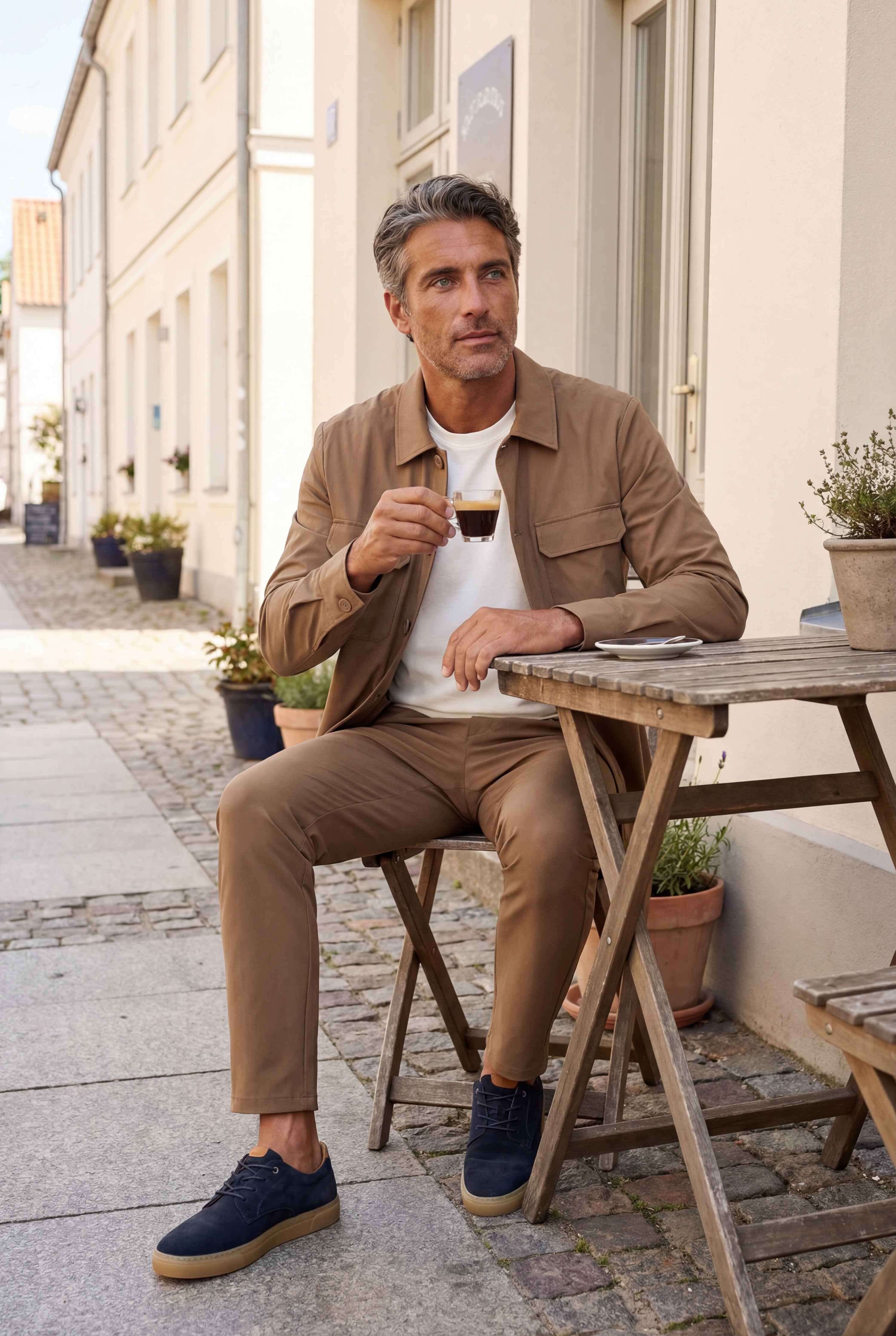 Herr in braunem AT.P.Co Set mit Espresso